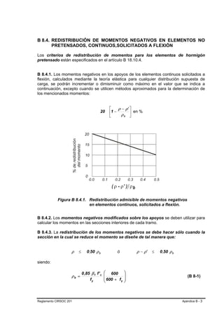 B 8.4. REDISTRIBUCIÓN DE MOMENTOS NEGATIVOS EN ELEMENTOS NO
       PRETENSADOS, CONTINUOS,SOLICITADOS A FLEXIÓN

Los criterios de redistribución de momentos para los elementos de hormigón
pretensado están especificados en el artículo B 18.10.4.


B 8.4.1. Los momentos negativos en los apoyos de los elementos continuos solicitados a
flexión, calculados mediante la teoría elástica para cualquier distribución supuesta de
carga, se podrán incrementar o dimisminuir como máximo en el valor que se indica a
continuación, excepto cuando se utilicen métodos aproximados para la determinación de
los mencionados momentos:


                                                 ⎡    ρ − ρ' ⎤
                                         20      ⎢1 −        ⎥ en %
                                                 ⎣      ρb ⎦




            Figura B 8.4.1. Redistribución admisible de momentos negativos
                            en elementos continuos, solicitados a flexión.


B 8.4.2. Los momentos negativos modificados sobre los apoyos se deben utilizar para
calcular los momentos en las secciones interiores de cada tramo.

B 8.4.3. La redistribución de los momentos negativos se debe hacer sólo cuando la
sección en la cual se reduce el momento se diseñe de tal manera que:


                    ρ   ≤      0 ,50 ρ b              ó        ρ − ρ'   ≤   0 ,50 ρ b

siendo:

                            0 ,85 β 1 f ' c   ⎛ 600 ⎞
                    ρb =                      ⎜           ⎟                                (B 8-1)
                                 fy           ⎜ 600 + f y ⎟
                                              ⎝           ⎠



Reglamento CIRSOC 201                                                                   Apéndice B - 3
 