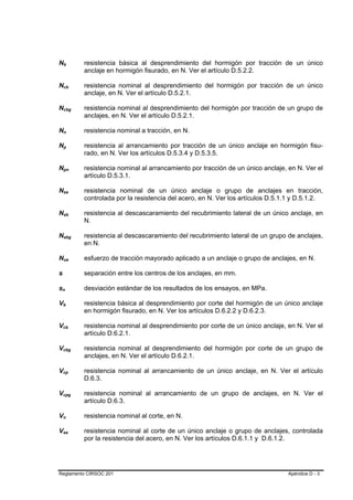 Nb          B           B                                       resistencia básica al desprendimiento del hormigón por tracción de un único
                                                                anclaje en hormigón fisurado, en N. Ver el artículo D.5.2.2.

Ncb         B                           B                       resistencia nominal al desprendimiento del hormigón por tracción de un único
                                                                anclaje, en N. Ver el artículo D.5.2.1.

Ncbg        B                                           B       resistencia nominal al desprendimiento del hormigón por tracción de un grupo de
                                                                anclajes, en N. Ver el artículo D.5.2.1.

Nn          B           B                                       resistencia nominal a tracción, en N.

Np          B           B                                       resistencia al arrancamiento por tracción de un único anclaje en hormigón fisu-
                                                                rado, en N. Ver los artículos D.5.3.4 y D.5.3.5.

Npn         B                               B                   resistencia nominal al arrancamiento por tracción de un único anclaje, en N. Ver el
                                                                artículo D.5.3.1.

Nsa         B                       B                           resistencia nominal de un único anclaje o grupo de anclajes en tracción,
                                                                controlada por la resistencia del acero, en N. Ver los artículos D.5.1.1 y D.5.1.2.

Nsb         B                           B                       resistencia al descascaramiento del recubrimiento lateral de un único anclaje, en
                                                                N.

Nsbg        B                                               B   resistencia al descascaramiento del recubrimiento lateral de un grupo de anclajes,
                                                                en N.

Nua         B                                   B               esfuerzo de tracción mayorado aplicado a un anclaje o grupo de anclajes, en N.

s                                                               separación entre los centros de los anclajes, en mm.

sn  B           B                                               desviación estándar de los resultados de los ensayos, en MPa.

Vb      B           B                                           resistencia básica al desprendimiento por corte del hormigón de un único anclaje
                                                                en hormigón fisurado, en N. Ver los artículos D.6.2.2 y D.6.2.3.

Vcb     B                       B                               resistencia nominal al desprendimiento por corte de un único anclaje, en N. Ver el
                                                                artículo D.6.2.1.

Vcbg    B                                           B           resistencia nominal al desprendimiento del hormigón por corte de un grupo de
                                                                anclajes, en N. Ver el artículo D.6.2.1.

Vcp     B                       B                               resistencia nominal al arrancamiento de un único anclaje, en N. Ver el artículo
                                                                D.6.3.

Vcpg    B                                           B           resistencia nominal al arrancamiento de un grupo de anclajes, en N. Ver el
                                                                artículo D.6.3.

Vn      B           B                                           resistencia nominal al corte, en N.

Vsa     B                   B                                   resistencia nominal al corte de un único anclaje o grupo de anclajes, controlada
                                                                por la resistencia del acero, en N. Ver los artículos D.6.1.1 y D.6.1.2.




Reglamento CIRSOC 201                                                                                                                 Apéndice D - 3
 