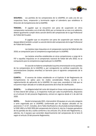 30
SEGUNDA.- Los partidos de los campeonatos de la LIGAPRO, en cada una de sus
respectivas fases, empezarán y terminarán según el calendario que establezca la
Dirección de Competiciones de la LIGAPRO.
TERCERA.- El jugador que se encuentre con pena de suspensión en otros
campeonatos nacionales o en el del año 2018, por un tiempo de un mes o en adelante,
deberá igualmente cumplir dicha sanción dentro del campeonato de la Liga Profesional
de Fútbol del Ecuador.
El jugador que se encuentre con pena de suspensión por motivo de
dopaje deberá también cumplir su sanción dentro del campeonato de la Liga Profesional
de Fútbol del Ecuador.
Las tarjetas rojas impuestas en el campeonato nacional de fútbol del año
2018, se computarán para la competencia organizada por la LIGAPRO.
Las tarjetas amarillas establecidas en otras competiciones a cargo de la
FEF o aquellas impuestas en el campeonato nacional de fútbol del año 2018, no se
computarán para la competencia organizada por la LIGAPRO.
En caso de no haberse completado la quinta amonestación en los partidos
de los campeonatos de la LIGAPRO; y, por consiguiente no conlleve suspensión, las
amonestaciones (tarjetas amarillas) se borrarán para el siguiente campeonato de la
LIGAPRO.
CUARTA.- El ascenso de clubes establecido en el Capítulo III del Reglamento de
Competiciones no aplica para los clubes considerados filiales, acorde a la
reglamentación de aplicación de la LIGAPRO. En cuyo caso, ascenderá el club que se
encuentre mejor ubicado en la tabla de posiciones de la fase de clasificación.
QUINTA.- La obligatoriedad del corte del césped en líneas rectas perpendiculares a
la línea lateral del campo; y, la respectiva multa por cada incumplimiento, dispuestos
en el artículo 51 del presente Reglamento, entrará en vigencia desde el 1 de abril de
2020.
SEXTA.- Desde la temporada 2021, intervendrán 18 equipos en una sola categoría
o serie organizada por la LIGAPRO, conformada por los equipos ubicados en las
posiciones 1° al 14°, incluidos, de la Tabla Clasificatoria o Acumulada (comprendida por
la FASE UNO y la FASE DOS) del campeonato de la Serie A, más los 2 equipos ganadores
de los partidos de ida y vuelta conforme a los artículos 14 y 20 de este Reglamento; y,
además, los 2 equipos que ascienden deportivamente del campeonato de la Serie B
según el artículo 19 del presente Reglamento.
 