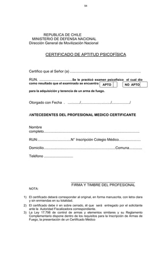 94
REPUBLICA DE CHILE
MINISTERIO DE DEFENSA NACIONAL
Dirección General de Movilización Nacional
CERTIFICADO DE APTITUD PSICOFÍSICA
Certifico que al Señor (a) .......................................................................
RUN. .................................Se le practicó examen psicofísico el cual dio
como resultado que el examinado se encuentra
para la adquisición y tenencia de un arma de fuego.
Otorgado con Fecha . ............/............................../................../
ANTECEDENTES DEL PROFESIONAL MEDICO CERTIFICANTE
Nombre
completo................................................................................................
RUN:.................................N° Inscripción Colegio Médico......................
Domicilio........................................................................Comuna.............
Teléfono .............................
________________________________
FIRMA Y TIMBRE DEL PROFESIONAL
NOTA:
1) El certificado deberá corresponder al original, en forma manuscrita, con letra clara
y sin enmiendas en su totalidad.
2) El certificado debe ir en sobre cerrado, él que será entregado por el solicitante
ante la Autoridad Fiscalizadora correspondiente.
3) La Ley 17.798 de control de armas y elementos similares y su Reglamento
Complementario dispone dentro de los requisitos para la Inscripción de Armas de
Fuego, la presentación de un Certificado Médico
APTO NO APTO
 