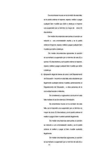 De encontrarse incurso en la comisión de esta falta,

   se le podrá ordenar el reponer, reparar, restituir o pagar

   cualquier bien mueble que dañe o destruya e imponer

   una suspensión por un término no mayor de           cinco (5)

   días lectivos.

         De mediar circunstancias atenuantes, la sanción se

   reducirá a una amonestación escrita y se le podrá

   ordenar el reponer, reparar, restituir o pagar cualquier bien

   mueble que dañe o destruya.

          De mediar circunstancias agravantes, la sanción

   se aumentará a suspensión por un término de seis (6) a

   quince (15) días lectivos y se le podrá ordenar el reponer,

   reparar, restituir o pagar cualquier bien mueble que dañe

   o destruya.

d) Apropiación ilegal de bienes de otros o del Departamento

   de Educación – incurrirá en esta falta, todo estudiante que

   ilegalmente sustrajere bienes muebles, pertenecientes al

   Departamento de Educación, a otras personas de la

   comunidad escolar o visitantes.

           Se considerará un agravante si al incurrir en esta

   falta mediare el uso de violencia o intimidación.

           De encontrarse incurso en la comisión de esta

   falta, se le impondrá una suspensión por un término no

   mayor de cinco (5) días lectivos y se le podrá ordenar el

   restituir o pagar el bien mueble sustraído ilegalmente.

           De mediar circunstancias atenuantes, la sanción

   se reducirá a una amonestación escrita y se le podrá

   ordenar el restituir o pagar el bien mueble sustraído

   ilegalmente.

           De mediar circunstancias agravantes, la sanción

   se aumentará a suspensión por un término de seis (6) a
          44
 