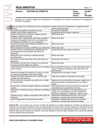 REGLAMENTOS                                                                                       Página 10

        Nombre:        CENTROS DE CÓMPUTO                                                 Clave:            CA-R01
                                                                                          Versión:          01
                                                                                          Fecha:            02/12/05

       Aprobado por el Director General de Normatividad, de conformidad con el Director Institucional de Investigación e
       Innovación Tecnológica


  Daño del equipo por la infección de virus o programas     Pagar el costo de la reparación y suspensión hasta
  dañinos                                                   que se efectúe el pago
  Consultar pornografía en archivos o la red                Suspensión indefinida
  Juegos, chat, música, cadenas, etc.                       Suspensión de dos clases o sesiones
  Fumar e introducir y/o consumir cualquier tipo de         Retiro de la sala
  bebidas y alimentos a la sala
  Introducir radios, grabadoras, televisores portátiles o   Retiro de la sala
  cualquier otro aparato electrónico que disturbe las
  actividades del profesor y/o sus compañeros
  Levantar las tapas de los registros existentes en la      Retiro de la sala
  sala e introducir objetos
  Mover equipo de su lugar o modificar sus conexiones       Retiro de la sala
  Instalar y hacer uso de software o aplicaciones no        Suspensión por tres clases o sesiones
  autorizadas por el Coordinador del Centro de
  Cómputo
  Manipular por su cuenta los controles del aire            Retiro de la sala
  acondicionado
  No acudir a la sala reservada dentro del tiempo de        Suspensión del servicio
  tolerancia
  Permanecer más de cinco minutos en el Centro de           Retiro de la sala
  Cómputo portando gafete de visitante
  Ausentarse más de quince minutos una vez iniciada la      No se permitirá el retorno a la sala hasta terminada la
  clase o sesión                                            clase o el tiempo concedido y solo para retirar sus
                                                            pertenencias
  Utilizar las salidas de emergencia cuando no ocurra       Suspensión de una clase o sesión
  un evento que justifique tomar esta medida
  Pérdida de la llave del locker (en los campus que         Pago del cerrajero y/o reposición de la chapa
  cuenten con este servicio)
  Enviar archivos a impresión sin contar con el crédito     Retención de los documentos impresos, registro en la
  correspondiente                                           lista de deudores y la suspensión por una clase o
                                                            sesión
  No devolver a tiempo el equipo obtenido en préstamo       Amonestación por escrito la primera vez, para las
  externo                                                   reincidencias se suspenderá el servicio
  Abandono o pérdida del equipo obtenido en préstamo        Suspensión del servicio si hay recuperación del
  externo                                                   equipo y no está dañado; por daño o pérdida se
                                                            cobrará la reparación o reposición, según el caso.
  Sustraer equipo, objetos o dispositivos del Centro de     Suspensión indefinida del servicio y en su caso
  Cómputo                                                   expulsión o rescisión del contrato de trabajo
  Violar la seguridad de los sistemas de datos              Suspensión indefinida del servicio y en su caso
                                                            expulsión o rescisión del contrato de trabajo

Artículo 20.- Los usuarios que incurran en faltas de disciplina no podrán abandonar el Centro de Cómputo sino
hasta que se les haya levantado el acta correspondiente; en estos casos les será retenida la credencial que les
acredita como miembros de la comunidad Universitaria por el tiempo que permanezca vigente la sanción o en su
defecto hasta que se resuelva su situación (como por ejemplo en caso de daño al equipo o por sanciones relativas
a la de impresión de documentos).



DIRECCIÓN GENERAL DE NORMATIVIDAD
 