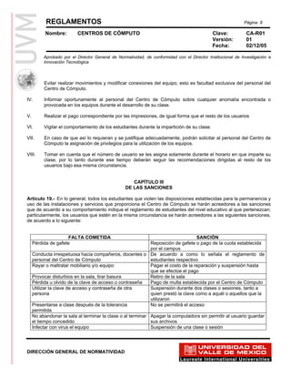 REGLAMENTOS                                                                                       Página 9

           Nombre:        CENTROS DE CÓMPUTO                                                 Clave:           CA-R01
                                                                                             Versión:         01
                                                                                             Fecha:           02/12/05

          Aprobado por el Director General de Normatividad, de conformidad con el Director Institucional de Investigación e
          Innovación Tecnológica



III.      Evitar realizar movimientos y modificar conexiones del equipo, esto es facultad exclusiva del personal del
          Centro de Cómputo.

IV.       Informar oportunamente al personal del Centro de Cómputo sobre cualquier anomalía encontrada o
          provocada en los equipos durante el desarrollo de su clase.

V.        Realizar el pago correspondiente por las impresiones, de igual forma que el resto de los usuarios

VI.       Vigilar el comportamiento de los estudiantes durante la impartición de su clase.

VII.      En caso de que así lo requieran y se justifique adecuadamente, podrán solicitar al personal del Centro de
          Cómputo la asignación de privilegios para la utilización de los equipos.

VIII.     Tomar en cuenta que el número de usuario se les asigna solamente durante el horario en que imparte su
          clase, por lo tanto durante ese tiempo deberán seguir las recomendaciones dirigidas al resto de los
          usuarios bajo esa misma circunstancia.


                                                     CAPÍTULO III
                                                  DE LAS SANCIONES

Artículo 19.- En lo general, todos los estudiantes que violen las disposiciones establecidas para la permanencia y
uso de las instalaciones y servicios que proporciona el Centro de Cómputo se harán acreedores a las sanciones
que de acuerdo a su comportamiento indique el reglamento de estudiantes del nivel educativo al que pertenezcan;
particularmente, los usuarios que estén en la misma circunstancia se harán acreedores a las siguientes sanciones,
de acuerdo a lo siguiente:


                      FALTA COMETIDA                                               SANCIÓN
     Pérdida de gafete                                       Reposición de gafete o pago de la cuota establecida
                                                             por el campus
     Conducta irrespetuosa hacia compañeros, docentes o De acuerdo a como lo señala el reglamento de
     personal del Centro de Cómputo                          estudiantes respectivo
     Rayar o maltratar mobiliario y/o equipo                 Pagar el costo de la reparación y suspensión hasta
                                                             que se efectúe el pago
     Provocar disturbios en la sala, tirar basura            Retiro de la sala
     Pérdida u olvido de la clave de acceso o contraseña     Pago de multa establecida por el Centro de Cómputo
     Utilizar la clave de acceso y contraseña de otra        Suspensión durante dos clases o sesiones, tanto a
     persona                                                 quien prestó la clave como a aquél o aquellos que la
                                                             utilizaron
     Presentarse a clase después de la tolerancia            No se permitirá el acceso
     permitida
     No abandonar la sala al terminar la clase o al terminar Apagar la computadora sin permitir al usuario guardar
     el tiempo concedido                                     sus archivos
     Infectar con virus el equipo                            Suspensión de una clase o sesión




DIRECCIÓN GENERAL DE NORMATIVIDAD
 