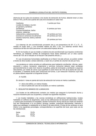 ASAMBLEA LEGISLATIVA DEL DISTRITO FEDERAL


aberturas de los cubos de escaleras a los ductos de extracción de humos, deberán tener un área
entre el 15% y el 8% de la planta del cubo de la escalera en cada nivel.

    Vestíbulos                                     1 cambio por Hora
    Locales de trabajo y reunión
    en general y sanitarios
    domésticos                                     6 cambios por hora
    Cocinas domésticas, baños
    públicos, cafeterías,
    restaurantes y estacionamientos                10 cambios por hora
    Cocinas en comercios de alimentos              20 cambios por hora
    Centros nocturnos, bares y salones
    de fiesta                                      25 cambios por hora


   Los sistemas de aire acondicionado proveerán aire a una temperatura de 24°; C ± 2°; C,
medida en bulbo seco, y una humedad relativa de 50% ± 5%. Los sistemas tendrán filtros
mecánicos de fibra de vidrio para tener una adecuada limpieza del aire;

   III. En los locales en que se instale un sistema de aire acondicionado que requiera condiciones
herméticas, se instalarán ventilas de emergencia hacia áreas exteriores con un área cuando
menos del 10% de lo indicado en la fracción I del presente artículo, y

     IV. Las circulaciones horizontales clasificadas en el literal I de este artículo, se podrán ventilar
a través de otros locales o áreas exteriores, a razón de un cambio de volumen de aire por hora.

    Las escaleras en cubos cerrados en edificaciones para habitación plurifamiliar, oficinas, salud,
educación y cultura, recreación, alojamiento y servicios mortuorios deberán estar ventiladas
permanentemente en cada nivel, hacia la vía pública, patios de iluminación y ventilación o espacios
descubiertos, por medio de vanos cuya superficie no será menor del 10% de la planta del cubo de
la escalera, o mediante ductos para conducción de humos, o por extracción mecánica cuya área
en planta deberá responder a la siguiente función:

        A =hs/200.

    En donde A = área en planta del ducto de extracción de humos en metros cuadrados.

        h = altura del edificio, en metros lineales.
        s = área en planta del cubo de la escalera, en metros cuadrados.

    F.- REQUISITOS MINIMOS DE ILUMINACION

    Los locales en las edificaciones contarán con medios que aseguren la iluminación diurna y
nocturna necesaria para sus ocupantes y cumplan los siguientes requisitos:

     I. Los locales habitables y las cocinas domésticas en edificaciones habitacionales, locales
habitables en edificios de alojamiento, aulas en las edificaciones de educación elemental y media,
y cuartos para encamados en hospitales, tendrán iluminación diurna natural por medio de ventanas
que den directamente a la vía pública, terrazas, azoteas, superficies descubiertas, interiores o
patios que satisfagan lo establecido en el literal G de este artículo. El área de las ventanas no será
inferior a los siguientes porcentajes, correspondientes a la superficie del local, para cada una de
las orientaciones:

    Norte:               15.0%
    Sur:                 20.0%
    Este y oeste:        17.5%



                    COMISION DE CIENCIA, TECNOLOGIA E INFORMATICA                                    110
 