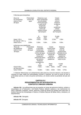 ASAMBLEA LEGISLATIVA DEL DISTRITO FEDERAL


    f) Normas para trampolines:

    Altura de             Profundidad        Distancia a que                 Volado
    los trampolines       mínima del        debe mantenerse                  mínimo
    sobre el nivel           agua            la profundidad                  entre el
    del agua                                mínima del agua                 borde de
                                              a partir de la               la alberca
                                               proyección                      y la
                                               verrtical del              proyección
                                                centro del                   vertical
                                             extremo frontal              del extremo
                                              del trampolín              del Trampolín.


                                              Al       Hacia               A cada
                                            frente      atrás               lado
    Hasta 1.00 m.             3.00m.        6.20m      1.50m           2.70m.     1.50m
    De más de 1.00 m. y
    hasta 3.00 m.             3.50m.        5.30m.     1.50m.          2.20m.      1.50m.

    g) Normas para plataformas:
     Altura de           Profundidad         Distancia             Volado           Distancia
    las plataforma          mínima          a que debe         mínimo entre          mínima
    sobre el nivel         del agua        mantenerse           el borde de         entre las
     del agua.                           la profundidad         la alberca y      proyecciones
                                        mínima del agua        la proyección    verticales de los
                                           a partir de la        vertical del     extremos de
                                            proyección            extremo          plataforma
                                        vertical del centro     frontal de la    colocadas una
                                           del extremo          plataforma.       sobre la otra.
                                             frontal de
                                          la plataforma.
                                                 Al               Hacia            A cada
                                               frente              atrás            lado
    Hasta 6.50m.            4.00m              7.00m.       1.50m. 3.00m.       1.50m. 0.75m.
    de más de 6.50m.
    hasta 10.00m.           4.50m.           10.00m        1.50m.    3.00m      1.50m.    0.75m.

    V. Deberán diferenciarse con señalamientos adecuados las zonas de natación y de clavados e
indicarse en lugar visible las profundidades mínimas y máximas, así como el punto en que la
profundidad sea de un metro cincuenta centímetros y en donde cambie la pendiente del piso del
fondo.

                                  CAPITULO V
                       REQUERIMIENTOS DE INTEGRACION AL
                          CONTEXTO E IMAGEN URBANA
     Artículo 145.- Las edificaciones que se proyecten en zonas del patrimonio histórico, artístico o
arqueológico de la Federación o del Distrito Federal, deberán sujetarse a las restricciones de
altura, materiales, acabados, colores, aberturas y todas las demás que señalen para cada caso, el
Instituto Nacional de Antropología e Historia, el Instituto Nacional de Bellas Artes y Literatura y el
Departamento.

    Artículo 146.- Derogado.

    Artículo 147. Derogado.


                  COMISION DE CIENCIA, TECNOLOGIA E INFORMATICA                                     44
 