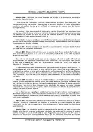 ASAMBLEA LEGISLATIVA DEL DISTRITO FEDERAL


   Artículo 204.- Tratándose de muros divisorios, de fachada o de colindancia, se deberán
observar las siguientes reglas:

    I. Los muros que contribuyan a resistir fuerzas laterales se ligarán adecuadamente a los
marcos estructurales o a castillos y dalas en todo el perímetro del muro, su rigidez se tomará en
cuenta en el análisis sísmico y se verificará su resistencia de acuerdo con las Normas
correspondientes.

    Los castillos y dalas a su vez estarán ligados a los marcos. Se verificará que las vigas o losas
y columnas resistan la fuerza cortante, el momento flexionante, las fuerzas axiales y, en su caso,
las torsiones que en ellas induzcan los muros. Se verificará, asimismo, que las uniones entre
elementos estructurales resistan dichas acciones, y

   II. Cuando los muros no contribuyan a resistir fuerzas laterales, se sujetarán a la estructura de
manera que no restrinjan su deformación en el plano del muro. Preferentemente estos muros serán
de materiales muy flexibles o débiles.

   Artículo 205.- Para los efectos de este Capítulo se considerarán las zonas del Distrito Federal
que fija el artículo 219 de este Reglamento.

    Artículo 206.- El coeficiente sísmico, c, es el cociente de la fuerza cortante horizontal que
debe considerarse que actúa en la base de la edificación por efecto del sismo, entre el peso de
ésta sobre dicho nivel.

    Con este fin se tomará como base de la estructura el nivel a partir del cual sus
desplazamientos con respecto al terreno circundante comienzan a ser significativos. Para calcular
el peso total se tendrán en cuenta las cargas muertas y vivas que correspondan según los
Capítulos IV y V de este Título.

    El coeficiente sísmico para las Edificaciones clasificadas como del grupo B en el artículo 174
se tomará igual a 0.16 en la zona I, 0.32 en la II y 0.40 en la III, a menos que se emplee el método
simplificado de análisis, en cuyo caso se aplicarán los coeficientes que fijen las Normas Técnicas
Complementarias, y a excepción de las zonas especiales en las que dichas Normas especifiquen
otros valores de c. Para las estructuras del grupo A se incrementará el coeficiente sísmico en 50
por ciento.

     Artículo 207.- Cuando se aplique el método estático o un método dinámico para análisis
sísmico, podrán reducirse con fines de diseño las fuerzas sísmicas calculadas, empleando para
ello los criterios que fijen las Normas Técnicas Complementarias, en función de las características
estructurales y del terreno. Los desplazamientos calculados de acuerdo con estos métodos,
empleando las fuerzas sísmicas reducidas, deben multiplicarse por el factor de comportamiento
sísmico que marquen dichas Normas.

    Los coeficientes que especifiquen las Normas Técnicas Complementarias para la aplicación
del método simplificado de análisis tomarán en cuenta todas las reducciones que procedan por los
conceptos mencionados. Por ello las fuerzas sísmicas calculadas por este método no deben sufrir
reducciones adicionales.

    Artículo 208.- Se verificará que tanto la estructura como su cimentación resistan las fuerzas
cortantes, momentos torsionantes de entrepiso y momentos de volteo inducidos por sismo
combinados con los que correspondan a otras solicitaciones, y afectados del correspondiente
factor de carga.

     Artículo 209.- Las diferencias entre los desplazamientos laterales de pisos consecutivos
debidos a las fuerzas cortantes horizontales, calculados con alguno de los métodos de análisis
sísmico mencionado en el artículo 203 de este Reglamento, no excederán a 0.006 veces la
diferencia de elevaciones correspondientes, salvo que los elementos incapaces de soportar


                  COMISION DE CIENCIA, TECNOLOGIA E INFORMATICA                                  59
 
