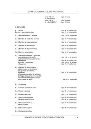ASAMBLEA LEGISLATIVA DEL DISTRITO FEDERAL


                                           hasta 120 m²       1 por vivienda
                                           de más de 120
                                           hasta 250 m²       2 por vivienda
                                           de más de 250 m²   3 por vivienda


II. SERVICIOS

II.1 Oficinas                                                 1 por 30 m² construidos
Bancos y agencias de viajes                                   1 por 15 m² construidos

II.2.1 Almacenamiento y abastos                               1 por 150 m² construidos

II.2.2 Tiendas de productos básicos                           1 por 40 m² construidos

II.2.3 Tiendas de especialidades                              1 por 40 m² construidos

II.2.4 Tiendas de autoservicio                                1 por 40 m² construidos

II.2.5 Tiendas de departamentos                               1 por 40 m² construidos

II.2.6 Centros comerciales                                    1 por 40 m² construidos

II.2.7 Venta de materiales y vehículos
     materiales de construcción                               1 por 150 m² de terreno
     materiales eléctricos y sanitarios
     y ferreterías                                            1 por 50 m² construidos
     vehículos y maquinaria                                   1 por 100 m² de terreno
     refacciones                                              1 por 75 m² de terreno

II.2.8 Tiendas de servicio baños
     públicos, salones de belleza,
     peluquerías, lavanderías,
     sastrerías                                               1 por 20 m² construidos
     talleres de reparación de artículos
     del hogar, de automóviles, estudios
     laboratorios de fotografía, lavado
     y lubricación de autos                                    1 por 30 m² construidos


II.3.1 Hospitales

II.3.2 Clínicas, centros de salud                             1 por 30 m² construidos

II.3.3 Asistencia social                                      1 por 50 m² construidos

II.3.4 Asistencia animal                                      1 por 75 m² construidos

II.4.1 Educación elemental                                    1 por 60 m² construidos
     Escuelas niños atípicos                                  1 por 40 m² construidos

II.4.2 Educación media y                                      1 por 40 m² construidos
     media superior

II.4.3 Educación superior                                     1 por 25 m² construidos

II.4.4 Institutos científicos



                COMISION DE CIENCIA, TECNOLOGIA E INFORMATICA                           94
 