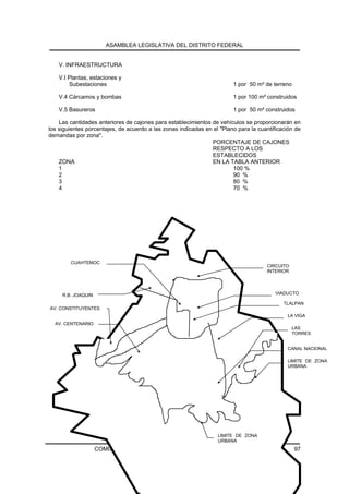 ASAMBLEA LEGISLATIVA DEL DISTRITO FEDERAL


    V. INFRAESTRUCTURA

    V.I Plantas, estaciones y
        Subestaciones                                                   1 por 50 m² de terreno

    V.4 Cárcamos y bombas                                               1 por 100 m² construidos

    V.5 Basureros                                                       1 por 50 m² construidos

    Las cantidades anteriores de cajones para establecimientos de vehículos se proporcionarán en
los siguientes porcentajes, de acuerdo a las zonas indicadas en el "Plano para la cuantificación de
demandas por zona".
                                                               PORCENTAJE DE CAJONES
                                                               RESPECTO A LOS
                                                               ESTABLECIDOS
    ZONA                                                       EN LA TABLA ANTERIOR
    1                                                                   100 %
    2                                                                   90 %
    3                                                                   80 %
    4                                                                   70 %




        CUAHTEMOC
                                                                                     CIRCUITO
                                                                                     INTERIOR




     R.B. JOAQUIN                                                                        VIADUCTO

                                                                                            TLALPAN
AV. CONSTITUYENTES
                                                                                             LA VIGA
  AV. CENTENARIO
                                                                                                 LAS
                                                                                                 TORRES


                                                                                             CANAL NACIONAL

                                                                                             LIMITE DE ZONA
                                                                                             URBANA




                                                                  LIMITE DE ZONA
                                                                  URBANA
                    COMISION DE CIENCIA, TECNOLOGIA E INFORMATICA                                97
 