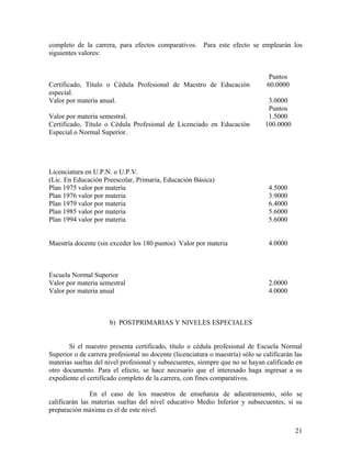 completo de la carrera, para efectos comparativos. Para este efecto se emplearán los
siguientes valores:


                                                                                 Puntos
Certificado, Título o Cédula Profesional de Maestro de Educación                60.0000
especial.
Valor por materia anual.                                                         3.0000
                                                                                 Puntos
Valor por materia semestral.                                                     1.5000
Certificado, Título o Cédula Profesional de Licenciado en Educación             100.0000
Especial o Normal Superior.




Licenciatura en U.P.N. o U.P.V.
(Lic. En Educación Preescolar, Primaria, Educación Básica)
Plan 1975 valor por materia                                                      4.5000
Plan 1976 valor por materia                                                      3.9000
Plan 1979 valor por materia                                                      6.4000
Plan 1985 valor por materia                                                      5.6000
Plan 1994 valor por materia                                                      5.6000


Maestría docente (sin exceder los 180 puntos) Valor por materia                  4.0000



Escuela Normal Superior
Valor por materia semestral                                                      2.0000
Valor por materia anual                                                          4.0000



                      b) POSTPRIMARIAS Y NIVELES ESPECIALES


       Si el maestro presenta certificado, título o cédula profesional de Escuela Normal
Superior o de carrera profesional no docente (licenciatura o maestría) sólo se calificarán las
materias sueltas del nivel profesional y subsecuentes, siempre que no se hayan calificado en
otro documento. Para el efecto, se hace necesario que el interesado haga ingresar a su
expediente el certificado completo de la carrera, con fines comparativos.

               En el caso de los maestros de enseñanza de adiestramiento, sólo se
calificarán las materias sueltas del nivel educativo Medio Inferior y subsecuentes, si su
preparación máxima es el de este nivel.


                                                                                           21
 
