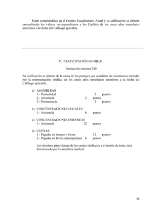Están comprendidas en el Crédito Escalafonario Anual y su calificación se obtiene
promediando los valores correspondientes a los Créditos de los cinco años inmediatos
anteriores a la fecha del Catálogo aplicable.




                            V. PARTICIPACIÓN SINDICAL

                                  Puntuación máxima 240

Su calificación se obtiene de la suma de los puntajes que acrediten las constancias emitidas
por la representación sindical en los cinco años inmediatos anteriores a la fecha del
Catálogo aplicable.

       a) ASAMBLEAS
          1.- Puntualidad                               2     puntos
          2.- Asistencia                         2     puntos
          3.- Permanencia                               2     puntos

       b) CONCENTRACIONES LOCALES
          1.- Asistencia          6                    puntos

       c) CONCENTRACIONES FORÁNEAS
          1.- Asistencia         12                    puntos

       d) CUOTAS
          1.- Pagadas en tiempo y forma                12     puntos
          2.- Pagadas en forma extemporánea 6          puntos

           Los términos para el pago de las cuotas sindicales y el monto de éstas, será
           determinado por la asamblea sindical.




                                                                                          38
 