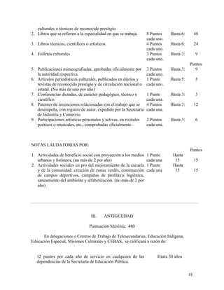 culturales o técnicas de reconocido prestigio.
2. Libros que se refieren a la especialidad en que se trabaja.     8 Puntos    Hasta 6:        48
                                                                   cada uno.
3. Libros técnicos, científicos o artísticos.                      4 Puntos    Hasta 6:        24
                                                                   cada uno.
4. Folletos culturales                                             3 Puntos    Hasta 3:        9
                                                                   cada uno.
                                                                                          Puntos
5. Publicaciones mimeografiadas, aprobadas oficialmente por        3 Puntos    Hasta 3:     9
   la autoridad respectiva.                                        cada uno.
6. Artículos periodísticos culturales, publicados en diarios y     1 Punto     Hasta 5:        5
   revistas de reconocido prestigio y de circulación nacional o    cada uno.
   estatal. (No más de uno por año)
7. Conferencias dictadas, de carácter pedagógico, técnico o        1 Punto     Hasta 3:        3
   científico.                                                     cada una.
8. Patentes de invenciones relacionadas con el trabajo que se      4 Puntos    Hasta 3:        12
   desempeña, con registro de autor, expedido por la Secretaría    cada una.
   de Industria y Comercio.
9. Participaciones artísticas personales y activas, en recitales   2 Puntos    Hasta 3:        6
   poéticos o musicales, etc., comprobadas oficialmente.           cada una.



NOTAS LAUDATORIAS POR:
                                                                                          Puntos
1. Actividades de beneficio social con proyección a los medios     1 Punto      Hasta
   urbanos y foráneos, (no más de 2 por año)                       cada una      15            15
2. Actividades sociales en pro del mejoramiento de la escuela      1 Punto      Hasta
   y de la comunidad: creación de zonas verdes, construcción       cada una      15            15
   de campos deportivos, campañas de profilaxis higiénica,
   saneamiento del ambiente y alfabetización. (no más de 2 por
   año)




                                   III.    ANTIGÜEDAD

                                  Puntuación Máxima: 480

      En delegaciones o Centros de Trabajo de Telesecundarias, Educación Indígena,
Educación Especial, Misiones Culturales y CEBAS, se calificará a razón de:


   12 puntos por cada año de servicio en cualquiera de las              Hasta 30 años
   dependencias de la Secretaría de Educación Pública.

                                                                                          41
 