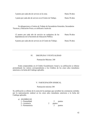 3 puntos por cada año de servicio en la zona.                       Hasta 30 años

   1 punto por cada año de servicio en el Centro de Trabajo.           Hasta 30 años



       En delegaciones o Centros de Trabajo de Secundarias Generales, Secundarias
Técnicas y Educación Física, se calificará a razón de:


   12 puntos por cada año de servicio en cualquiera de las             Hasta 30 años
   dependencias de la Secretaría de Educación Pública.

   4 puntos por cada año de servicio en el Centro de Trabajo.          Hasta 30 años




                        IV.     DISCIPLINA Y PUNTUALIDAD

                                 Puntuación Máxima: 240


        Están comprendidas en el Crédito Escalafonario Anual y su calificación se obtiene
promediando los valores correspondientes a los Créditos de los cinco años inmediatos
anteriores a la fecha del Catálogo aplicable.




                                V. PARTICIPACIÓN SINDICAL

                                 Puntuación máxima 240

Su calificación se obtiene de la suma de los puntajes que acrediten las constancias emitidas
por la representación sindical en los cinco años inmediatos anteriores a la fecha del
Catálogo aplicable.

       a) ASAMBLEAS
          1.- Puntualidad                               2     puntos
          2.- Asistencia                           2   puntos
          3.- Permanencia                               2     puntos



                                                                                         42
 