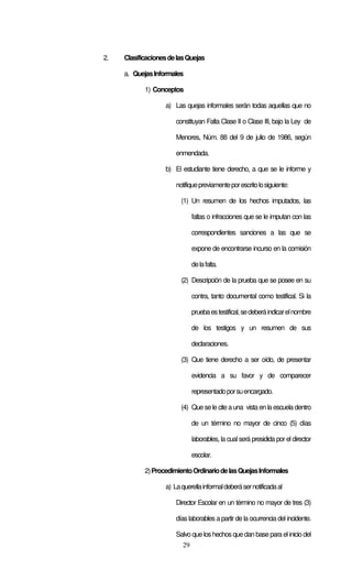 29
2. ClasificacionesdelasQuejas
a. QuejasInformales
1) Conceptos
a) Las quejas informales serán todas aquellas que no
constituyan Falta Clase II o Clase III, bajo la Ley de
Menores, Núm. 88 del 9 de julio de 1986, según
enmendada.
b) El estudiante tiene derecho, a que se le informe y
notifiquepreviamenteporescritolosiguiente:
(1) Un resumen de los hechos imputados, las
faltas o infracciones que se le imputan con las
correspondientes sanciones a las que se
expone de encontrarse incurso en la comisión
delafalta.
(2) Descripción de la prueba que se posee en su
contra, tanto documental como testifical. Si la
pruebaestestifical,sedeberáindicarelnombre
de los testigos y un resumen de sus
declaraciones.
(3) Que tiene derecho a ser oído, de presentar
evidencia a su favor y de comparecer
representadoporsuencargado.
(4) Que se le cite a una vista en la escuela dentro
de un término no mayor de cinco (5) días
laborables, la cual será presidida por el director
escolar.
2)ProcedimientoOrdinariodelasQuejasInformales
a) Laquerellainformaldeberásernotificadaal
Director Escolar en un término no mayor de tres (3)
días laborables a partir de la ocurrencia del incidente.
Salvo que los hechos que dan base para el inicio del
 