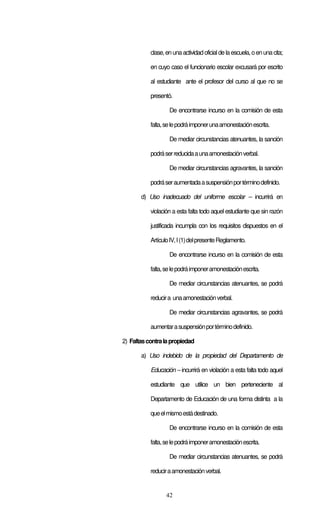 42
clase,enunaactividadoficialde laescuela,oenunacita;
en cuyo caso el funcionario escolar excusará por escrito
al estudiante ante el profesor del curso al que no se
presentó.
De encontrarse incurso en la comisión de esta
falta,selepodráimponerunaamonestaciónescrita.
De mediar circunstancias atenuantes, la sanción
podráserreducidaaunaamonestaciónverbal.
De mediar circunstancias agravantes, la sanción
podráseraumentadaasuspensiónportérminodefinido.
d) Uso inadecuado del uniforme escolar – incurrirá en
violación a esta falta todo aquel estudiante que sin razón
justificada incumpla con los requisitos dispuestos en el
ArtículoIV,I(1)delpresenteReglamento.
De encontrarse incurso en la comisión de esta
falta,selepodráimponeramonestaciónescrita.
De mediar circunstancias atenuantes, se podrá
reducira unaamonestaciónverbal.
De mediar circunstancias agravantes, se podrá
aumentarasuspensiónportérminodefinido.
2) Faltascontralapropiedad
a) Uso indebido de la propiedad del Departamento de
Educación – incurrirá en violación a esta falta todo aquel
estudiante que utilice un bien perteneciente al
Departamento de Educación de una forma distinta a la
queelmismoestádestinado.
De encontrarse incurso en la comisión de esta
falta,selepodráimponeramonestaciónescrita.
De mediar circunstancias atenuantes, se podrá
reduciraamonestaciónverbal.
 