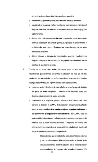 72
probablementeresultarendañofísicoparaésteoparaotros.
b) consideradoloapropiadoqueresultalaubicaciónactualdelestudiante.
c) considerado si la Agencia ha hecho esfuerzos razonables para minimizar el
riesgo de daño en la ubicación actual incluyendo eluso de servicios y ayudas
suplementarias.
d) determinadoquelaalternativadeubicacióntemporeralepermitealestudiante
continuar participando del currículo general, aunque esté en otro ambiente, y
recibir aquellos servicios y modificaciones que le permitan alcanzar las metas
establecidasensuPEI.
e) determinado que la ubicación temporera incluye servicios y modificaciones
dirigidas a intervenir con la conducta inapropiada del estudiante con el
propósitodequeéstanoserepita.
7. Cuando se considere una acción disciplinaria para un estudiante con
impedimentos que contemple un cambio en ubicación por más de 10 días
escolaresenun año particular,porrazónde queelestudiantehaya violado reglas
ycódigosdeconductaquelaAgenciaaplicaatodoslosestudiantes;
a) lospadres serán notificados en la misma fecha en la cual se tome la decisión
de aplicar tal acción disciplinaria. Además se les informará sobre sus
derechosrelacionadosconlaacciónpropuesta.
b) inmediatamente, si es posible, pero no más tarde de 10 días a partir de la
fecha de la decisión, el COMPU de la escuela y otro personal cualificado
llevará a cabo un análisisde laconductasujeta alaaccióndisciplinaria y
su relación con el impedimento del estudiante. El COMPU hará un
análisis detallado investigando los factores y circunstancias que anteceden la
conducta que pudieran haberla provocado. Preparará un informe con
recomendacionesincluyendoladereevaluacióndelestudiantey/orevisióndel
PEI,siseconsideraqueestaacciónespertinente.
- Sisedeterminaqueelincidentefueproductodefactoresexternos
y ajenos a la responsabilidad del estudiante, el director de la
escuela procederá a discutir la situación con el personal escolar
correspondiente a fin de prescribir los remedios adecuados. En
 