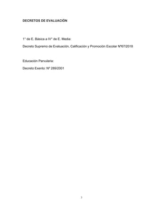 3
DECRETOS DE EVALUACIÓN
1° de E. Básica a IV° de E. Media:
Decreto Supremo de Evaluación, Calificación y Promoción Escolar Nº67/2018
Educación Parvularia:
Decreto Exento: Nº 289/2001
 
