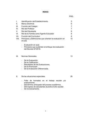4
INDICE
PÁG.
I. Identificación del Establecimiento. 5
II. Marco Doctrinal. 6
III. Función del Colegio. 7
IV. Rol del Profesor 7
V. Rol del Estudiante 8
VI. Rol de la Familia como Agente Educador 8
VII. Función del Currículum 8
VIII. Principios y Definiciones que orientan la evaluación en
el aula.
- Evaluación en aula
- Principios que sustentan el enfoque de evaluación
del Decreto 67/2018.
10
IX. Normas Generales.
- De la Evaluación.
- De la Calificación.
- Resultados de las Evaluaciones.
- De la Promoción
- De la Evaluación Diferenciada.
13
X. De las situaciones especiales.
- Falta de honradez en el trabajo escolar y/o
evaluaciones.
- Del término anticipado del proceso académico.
- Del ingreso de estudiantes durante el año escolar.
- De funcionamiento.
26
 