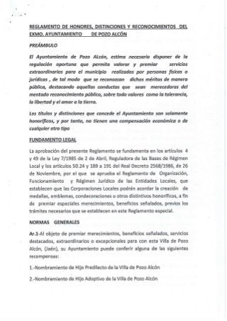 Reglamento de honores, distinciones y reconocimiento del ayuntamiento de Pozo Alcón