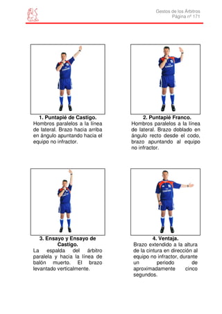 Gestos de los Árbitros
                                                  Página nº 171




  1. Puntapié de Castigo.             2. Puntapié Franco.
Hombros paralelos a la línea     Hombros paralelos a la línea
de lateral. Brazo hacia arriba   de lateral. Brazo doblado en
en ángulo apuntando hacia el     ángulo recto desde el codo,
equipo no infractor.             brazo apuntando al equipo
                                 no infractor.




   3. Ensayo y Ensayo de                  4. Ventaja.
          Castigo.               Brazo extendido a la altura
La espalda del árbitro           de la cintura en dirección al
paralela y hacia la línea de     equipo no infractor, durante
balón muerto. El brazo           un         periodo        de
levantado verticalmente.         aproximadamente        cinco
                                 segundos.
 