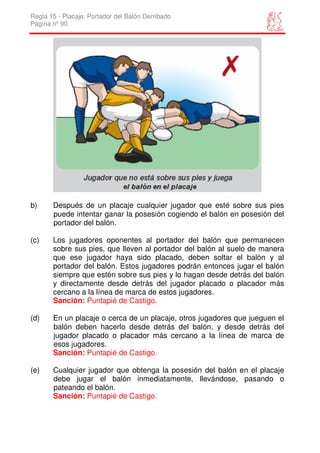 Regla 15 - Placaje: Portador del Balón Derribado
Página nº 90




b)     Después de un placaje cualquier jugador que esté sobre sus pies
       puede intentar ganar la posesión cogiendo el balón en posesión del
       portador del balón.

(c)    Los jugadores oponentes al portador del balón que permanecen
       sobre sus pies, que lleven al portador del balón al suelo de manera
       que ese jugador haya sido placado, deben soltar el balón y al
       portador del balón. Estos jugadores podrán entonces jugar el balón
       siempre que estén sobre sus pies y lo hagan desde detrás del balón
       y directamente desde detrás del jugador placado o placador más
       cercano a la línea de marca de estos jugadores.
       Sanción: Puntapié de Castigo.

(d)    En un placaje o cerca de un placaje, otros jugadores que jueguen el
       balón deben hacerlo desde detrás del balón, y desde detrás del
       jugador placado o placador más cercano a la línea de marca de
       esos jugadores.
       Sanción: Puntapié de Castigo.

(e)    Cualquier jugador que obtenga la posesión del balón en el placaje
       debe jugar el balón inmediatamente, llevándose, pasando o
       pateando el balón.
       Sanción: Puntapié de Castigo.
 