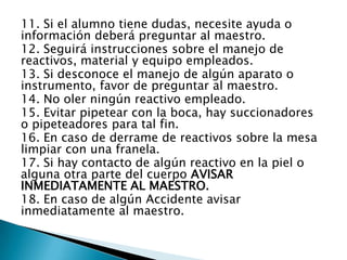 11. Si el alumno tiene dudas, necesite ayuda o
información deberá preguntar al maestro.
12. Seguirá instrucciones sobre el manejo de
reactivos, material y equipo empleados.
13. Si desconoce el manejo de algún aparato o
instrumento, favor de preguntar al maestro.
14. No oler ningún reactivo empleado.
15. Evitar pipetear con la boca, hay succionadores
o pipeteadores para tal fin.
16. En caso de derrame de reactivos sobre la mesa
limpiar con una franela.
17. Si hay contacto de algún reactivo en la piel o
alguna otra parte del cuerpo AVISAR
INMEDIATAMENTE AL MAESTRO.
18. En caso de algún Accidente avisar
inmediatamente al maestro.

 