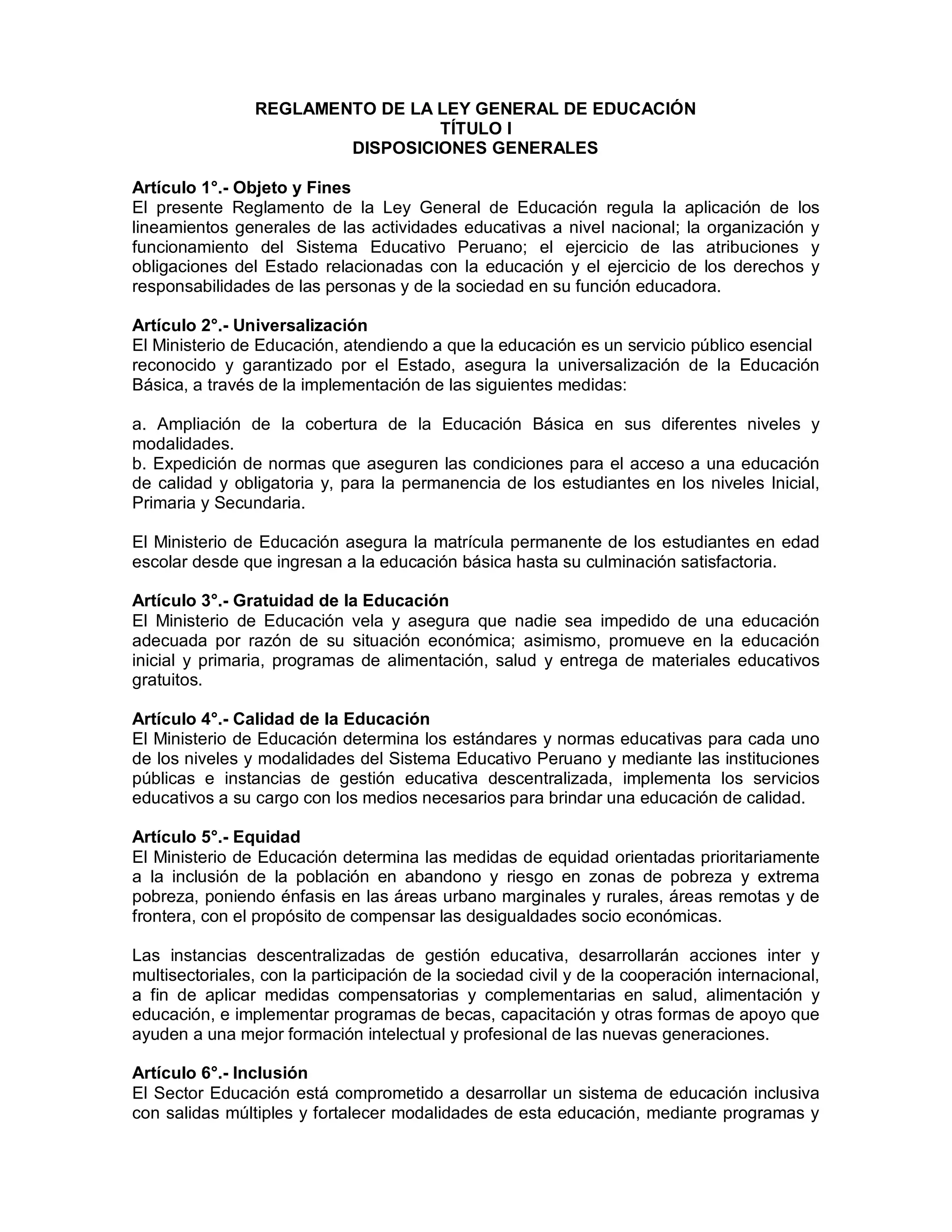 REGLAMENTO DE LA LEY GENERAL DE EDUCACIÓN | PDF