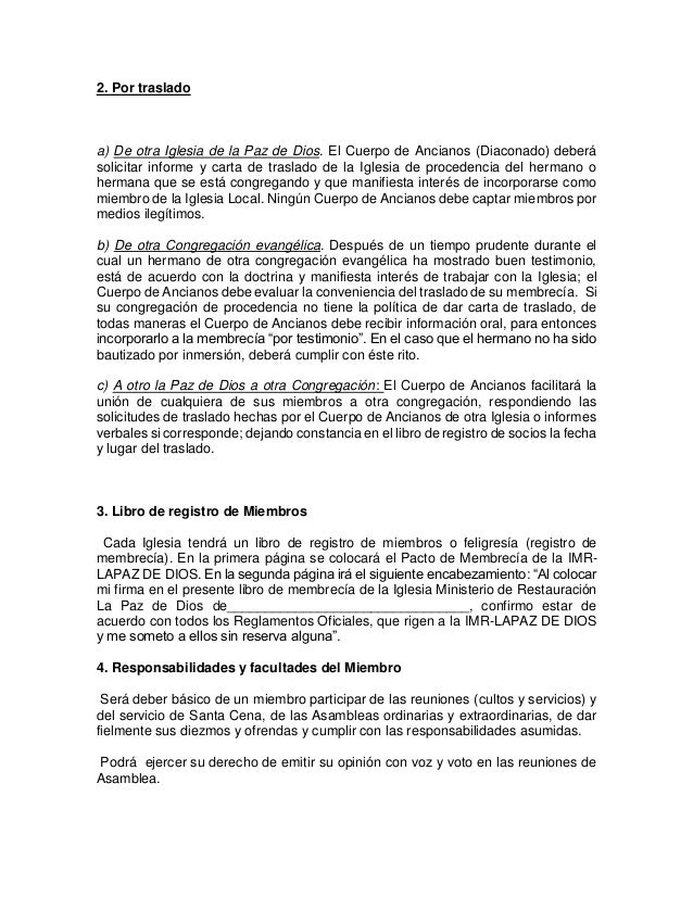 MINISTERIO DE RESTAURACION LA PAZ DE DIOS Reglamento de la 