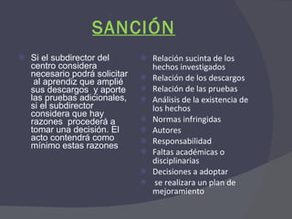SANCIÓN Si el subdirector del centro considera necesario podrá solicitar  al aprendiz que amplié sus descargos  y aporte las pruebas adicionales, si el subdirector considera que hay razones  procederá a tomar una decisión. El acto contendrá como mínimo estas razones  Relación sucinta de los hechos investigados Relación de los descargos Relación de las pruebas Análisis de la existencia de los hechos Normas infringidas  Autores Responsabilidad Faltas académicas o disciplinarias Decisiones a adoptar se realizara un plan de mejoramiento 