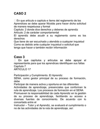 CASO 2
En que articulo o capitulo e ítems del reglamento de los
Aprendices se debe aparar Nicolás para hacer dicha solicitud
de manera respetuosa y formal
Capitulo: 2 donde dice derechos y deberes de aprendiz
Artículo: 2 de carácter comportamental
El aprendiz debe acudir a su reglamento como es los
derechos
Que tiene de ser escuchado y atendido a cualquier inquietud
Como es debido ante cualquier inquietud o solicitud que
tenga que hacer o también recibir información
Caso 3
representante para que los aprendices identifiquen sus faltas
Capítulo 7
ARTICULO 17
.
Participación y Cumplimiento. El Aprendiz
SENA, como gestor principal de su proceso de formación,
debe
Participar de manera activa y oportuna en las diferentes
Actividades de aprendizaje, presenciales que conforman la
ruta de aprendizaje. Los procesos de formación en el SENA
Promueven la responsabilidad de cada Aprendiz en la gestión
de su proceso de aprendizaje, facilitando su acceso a
diversas fuentes de conocimiento. De acuerdo con lo
concertado entre el
Instructor – Tutor y el Aprendiz, se evaluará el cumplimiento o
no de las actividades de la ruta de aprendizaje, así:
 