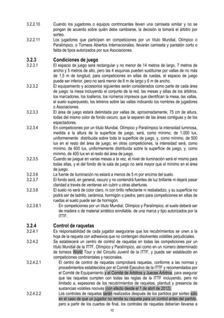 3.2.2.10
3.2.2.11

3.2.3

3.2.3.1

3.2.3.2

3.2.3.3
3.2.3.4

3.2.3.5
3.2.3.6
3.2.3.7
3.2.3.8
3.2.3.8.1

3.2.4

3.2.4.1
3.2.4.2

3.2.4.2.1

3.2.4.2.2

Cuando los jugadores o equipos contrincantes lleven una camiseta similar y no se
pongan de acuerdo sobre quién debe cambiarse, la decisión la tomará el árbitro por
sorteo.
Los jugadores que participen en competiciones por un título Mundial, Olímpico o
Paralímpico, o Torneos Abiertos Internacionales, llevarán camiseta y pantalón corto o
falda de tipos autorizados por sus Asociaciones.

Condiciones de juego

El espacio de juego será rectangular y no menor de 14 metros de largo, 7 metros de
ancho y 5 metros de alto, pero las 4 esquinas pueden sustituirse por vallas de no más
de 1,5 m de longitud; para competiciones en sillas de ruedas, el espacio de juego
puede ser inferior, pero no será menor de 8 m de largo y 6 m de ancho.
El equipamiento y accesorios siguientes serán considerados como parte de cada área
de juego: la mesa incluyendo el conjunto de la red, las mesas y sillas de los árbitros,
los marcadores, los toalleros, los números impresos que identifican la mesa, las vallas,
el suelo superpuesto, los letreros sobre las vallas indicando los nombres de jugadores
o Asociaciones.
El área de juego estará delimitada por vallas de, aproximadamente, 75 cm de altura,
todas del mismo color de fondo oscuro, que la separen de las áreas contiguas y de los
espectadores.
En competiciones por un título Mundial, Olímpico y Paralímpico la intensidad luminosa,
medida a la altura de la superficie de juego, será, como mínimo, de 1.000 lux,
uniformemente distribuida sobre toda la superficie de juego, y, como mínimo, de 500
lux en el resto del área de juego; en otras competiciones, la intensidad será, como
mínimo, de 600 lux, uniformemente distribuida sobre la superficie de juego, y, como
mínimo, de 400 lux en el resto del área de juego.
Cuando se juegue en varias mesas a la vez, el nivel de iluminación será el mismo para
todas ellas, y el del fondo de la sala de juego no será mayor que el mínimo en el área
de juego.
La fuente de iluminación no estará a menos de 5 m por encima del suelo.
El fondo será, en general, oscuro y no contendrá fuentes de luz brillante ni dejará pasar
claridad a través de ventanas sin cubrir u otras aberturas.
El suelo no será de color claro, ni con brillo reflectante ni resbaladizo, y su superficie no
podrá ser de ladrillo, cerámica, hormigón o piedra; pero para competiciones en sillas de
ruedas el suelo puede ser de hormigón.
En competiciones por un título Mundial, Olímpico y Paralímpico, el suelo deberá ser
de madera o de material sintético enrollable, de una marca y tipo autorizados por la
ITTF.

Control de raquetas

Es responsabilidad de cada jugador asegurarse que los recubrimientos se unen a la
hoja de la raqueta con adhesivos que no contengan disolventes volátiles perjudiciales.
Se establecerá un centro de control de raquetas en todas las competiciones por un
título Mundial de la ITTF, Olímpico y Paralímpico, así como en un número determinado
de torneos World Tour y del Circuito Juvenil de la ITTF, y puede ser establecido en
competiciones continentales y nacionales.
El centro de control de raquetas comprobará raquetas, conforme a las normas y
procedimientos establecidos por el Comité Ejecutivo de la ITTF y recomendados por
el Comité de Equipamiento y el Comité de Árbitros y Jueces Árbitros, para asegurar
que las raquetas cumplen con todas las reglas de la ITTF incluyendo, pero no
limitado a, espesores de los recubrimientos de raquetas, planitud y presencia de
sustancias volátiles nocivas (con efecto desde el 1 de abril de 2012).
Los controles de raquetas serán realizados después de los partidos por sorteo sólo
en el caso de que un jugador no remita su raqueta para un control antes del partido,
pero a partir de los cuartos de final, los controles de raquetas deberían llevarse a
10

 