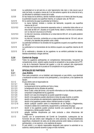 3.2.5.8
3.2.5.9
3.2.5.10
3.2.5.10.1
3.2.5.10.2
3.2.5.10.3
3.2.5.10.4
3.2.5.11
3.2.5.12
3.2.5.13

La publicidad en la red será de un color ligeramente más claro o más oscuro que el
color de fondo, no estará a menos de 3 cm del extremo superior de la cinta de la red y
no dificultará la visibilidad a través de la malla.
En las mesas de los árbitros y demás mobiliario situado en el interior del área de juego,
la publicidad ocupará una superficie máxima, en cualquier cara, de 750 cm2.
En la vestimenta de juego la publicidad se limitará a:
la marca habitual, símbolo o nombre del fabricante, ocupando una superficie
máxima de 24 cm2;
no más de 6 anuncios claramente separados entre sí, contenidos todos ellos en un
área total de 600 cm2, situados en la parte frontal, lateral u hombro de la camiseta,
con no más de 4 anuncios en el frontal;
no más de 2 anuncios, contenidos en un área total de 400 cm2, en la parte posterior
de la camiseta;
no más de 2 anuncios, contenidos en un área combinada total de 120 cm2, sólo en
el frontal y los laterales del pantalón corto o falda.
La publicidad exhibida en los dorsales de los jugadores ocupará una superficie máxima
de 100 cm2.
La publicidad en la indumentaria de los árbitros ocupará una superficie máxima de 40
cm2.
En la vestimenta y dorsales de los jugadores no se exhibirá publicidad de tabaco,
bebidas alcohólicas o drogas dañinas.

3.2.6

Control de Dopaje

3.3
3.3.1

OFICIALES DE PARTIDOS
Juez Árbitro

3.2.6.1

3.3.1.1
3.3.1.2
3.3.1.2.1
3.3.1.2.2
3.3.1.2.3
3.3.1.2.4
3.3.1.2.5
3.3.1.2.6
3.3.1.2.7
3.3.1.2.8
3.3.1.2.9
3.3.1.2.10
3.3.1.2.11
3.3.1.2.12
3.3.1.3

3.3.1.4

Todos los jugadores participantes en competiciones internacionales, incluyendo las
competiciones Júnior, estarán sujetos durante la competición a las pruebas de la ITTF,
a las de la Asociación Nacional del jugador y a las de cualquier otra organización
antidopaje responsable de la prueba en la competición en la que participen.

Para cada competición, en su totalidad, será designado un juez árbitro, cuya identidad
y localización se dará a conocer a los participantes y, si es oportuno, a los capitanes de
equipo.
El juez árbitro será el responsable de:
dirigir el sorteo;
la programación de los partidos por hora y mesa;
la designación de los oficiales de partidos;
llevar a cabo, antes del torneo, una reunión informativa con los oficiales de partidos;
comprobar la elegibilidad de los jugadores;
decidir si en caso de emergencia se puede suspender el juego;
decidir si los jugadores pueden abandonar el área de juego durante un partido;
decidir si los periodos de calentamiento reglamentarios se pueden prolongar;
decidir si los jugadores pueden utilizar chándal durante un partido;
decidir cualquier cuestión sobre la interpretación de las Reglas o Reglamentos,
incluida la validez de la vestimenta, equipamiento y condiciones de juego;
decidir si los jugadores pueden practicar durante una suspensión del juego por
emergencia y dónde pueden hacerlo;
adoptar medidas disciplinarias por mala conducta u otras infracciones del
Reglamento.
Cuando, con el consentimiento del Comité de Competición, cualesquiera de las
funciones del juez árbitro sean delegadas en otras personas, las responsabilidades
específicas y localización de cada una de estas personas serán dadas a conocer a los
participantes y, si es oportuno, a los capitanes de equipo.
El juez árbitro, o un adjunto responsable designado para ejercer la autoridad en su
ausencia, estará presente durante el juego en todo momento.
12

 