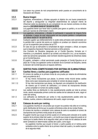 3.5.2.12

Los casos muy graves de mal comportamiento serán puestos en conocimiento de la
Asociación del infractor.

3.5.3

Buena Imagen

3.5.3.1

3.5.3.1.1
3.5.3.1.2
3.5.3.2
3.5.3.3
3.5.3.4

3.5.3.5

3.6
3.6.1

3.6.1.1
3.6.1.1.1
3.6.1.1.2
3.6.1.2
3.6.1.3

3.6.2

3.6.2.1
3.6.2.2
3.6.2.3

3.6.2.3.1

Jugadores, entrenadores y oficiales apoyarán el objetivo de una buena presentación
del deporte y salvaguardar su integridad absteniéndose de cualquier intento de
influenciar sobre los elementos de una competición de una manera contraria a la ética
deportiva (con efecto desde el 1 de abril de 2012):
Los jugadores tienen que hacer todo lo posible para ganar un partido y no se retirarán
salvo por razones de enfermedad o lesión.
Los jugadores, entrenadores y oficiales no participarán ni apoyarán de ninguna forma
en apuestas o juegos de azar relacionados con sus propios partidos o competiciones
(con efecto desde el 1 de abril de 2012).
Cualquier jugador que deliberadamente no acate estos principios será sancionado con
la perdida total o parcial del premio en metálico en pruebas con dotación económica
y/o con la suspensión para pruebas de la ITTF.
En caso de que se demuestre la complicidad de algún consejero u oficial, se espera
que la respectiva Asociación Nacional sancione a dicha persona.
Una Comisión de Disciplina designada por el Comité Ejecutivo, formada por 4
miembros y un presidente, decidirá si se cometió una infracción o no, y si es necesario,
sobre las sanciones apropiadas; esta Comisión decidirá siguiendo las directrices dadas
por el Comité Ejecutivo.
El jugador, consejero u oficial sancionado puede presentar al Comité Ejecutivo en el
plazo de 15 días una apelación contra la decisión de la Comisión de Disciplina, siendo
la decisión del Comité Ejecutivo al respecto definitiva.

SORTEO PARA COMPETICIONES POR SISTEMA DE ELIMINATORIAS
Casillas libres y casillas para jugadores calificados

El número de casillas en la primera ronda de una prueba por sistema de eliminatorias
será una potencia de 2.
Si hay menos inscripciones que plazas, la primera ronda incluirá tantas casillas
libres como sean necesarias para completar el número de plazas exigido.
Si hay más inscripciones que plazas, se disputará una competición de clasificación
de manera que el número de calificados y el número de inscripciones directas
juntos completen el número de casillas exigido.
Las casillas libres se distribuirán lo más equitativamente posible por toda la primera
ronda, siendo emplazadas primero contra las casillas de los cabezas de serie, según el
orden del ranking.
Los calificados se distribuirán por sorteo lo más equitativamente posible entre las
mitades, cuartos, octavos o dieciseisavos del cuadro, según convenga.

Cabezas de serie por ranking

Los jugadores inscritos en una prueba que ocupen los puestos más altos en el ranking
serán distribuidos de forma que no puedan enfrentarse antes de las rondas finales.
El número de inscritos a considerar como cabezas de serie no excederá al número de
inscripciones de la primera ronda propia de la prueba.
El jugador inscrito que ocupe el primer puesto en el ranking será colocado en la casilla
superior de la primera mitad del cuadro, y el inscrito que ocupe el segundo puesto en el
ranking en la casilla inferior de la segunda mitad, pero el resto de los cabezas de serie
serán sorteados en determinadas casillas del cuadro, como sigue:
los jugadores inscritos que ocupen el tercer y cuarto puestos en el ranking serán
sorteados entre la casilla inferior de la primera mitad del cuadro y la casilla superior
de la segunda mitad;

18

 