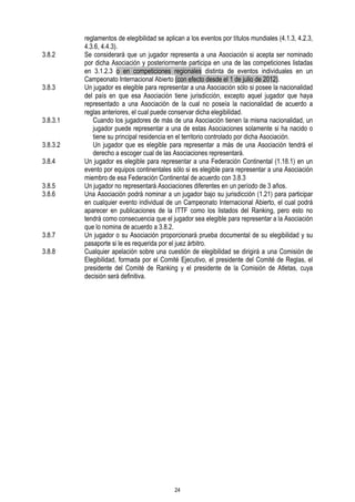 3.8.2

3.8.3

3.8.3.1
3.8.3.2
3.8.4
3.8.5
3.8.6

3.8.7
3.8.8

reglamentos de elegibilidad se aplican a los eventos por títulos mundiales (4.1.3, 4.2.3,
4.3.6, 4.4.3).
Se considerará que un jugador representa a una Asociación si acepta ser nominado
por dicha Asociación y posteriormente participa en una de las competiciones listadas
en 3.1.2.3 o en competiciones regionales distinta de eventos individuales en un
Campeonato Internacional Abierto (con efecto desde el 1 de julio de 2012).
Un jugador es elegible para representar a una Asociación sólo si posee la nacionalidad
del país en que esa Asociación tiene jurisdicción, excepto aquel jugador que haya
representado a una Asociación de la cual no poseía la nacionalidad de acuerdo a
reglas anteriores, el cual puede conservar dicha elegibilidad.
Cuando los jugadores de más de una Asociación tienen la misma nacionalidad, un
jugador puede representar a una de estas Asociaciones solamente si ha nacido o
tiene su principal residencia en el territorio controlado por dicha Asociación.
Un jugador que es elegible para representar a más de una Asociación tendrá el
derecho a escoger cual de las Asociaciones representará.
Un jugador es elegible para representar a una Federación Continental (1.18.1) en un
evento por equipos continentales sólo si es elegible para representar a una Asociación
miembro de esa Federación Continental de acuerdo con 3.8.3
Un jugador no representará Asociaciones diferentes en un período de 3 años.
Una Asociación podrá nominar a un jugador bajo su jurisdicción (1.21) para participar
en cualquier evento individual de un Campeonato Internacional Abierto, el cual podrá
aparecer en publicaciones de la ITTF como los listados del Ranking, pero esto no
tendrá como consecuencia que el jugador sea elegible para representar a la Asociación
que lo nomina de acuerdo a 3.8.2.
Un jugador o su Asociación proporcionará prueba documental de su elegibilidad y su
pasaporte si le es requerida por el juez árbitro.
Cualquier apelación sobre una cuestión de elegibilidad se dirigirá a una Comisión de
Elegibilidad, formada por el Comité Ejecutivo, el presidente del Comité de Reglas, el
presidente del Comité de Ranking y el presidente de la Comisión de Atletas, cuya
decisión será definitiva.

24

 