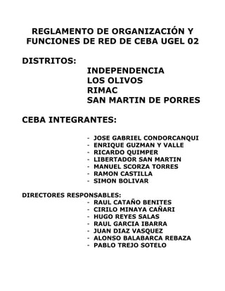REGLAMENTO DE ORGANIZACIÓN Y
 FUNCIONES DE RED DE CEBA UGEL 02

DISTRITOS:
               INDEPENDENCIA
               LOS OLIVOS
               RIMAC
               SAN MARTIN DE PORRES

CEBA INTEGRANTES:

               -   JOSE GABRIEL CONDORCANQUI
               -   ENRIQUE GUZMAN Y VALLE
               -   RICARDO QUIMPER
               -   LIBERTADOR SAN MARTIN
               -   MANUEL SCORZA TORRES
               -   RAMON CASTILLA
               -   SIMON BOLIVAR

DIRECTORES RESPONSABLES:
                - RAUL CATAÑO BENITES
                - CIRILO MINAYA CAÑARI
                - HUGO REYES SALAS
                - RAUL GARCIA IBARRA
                - JUAN DIAZ VASQUEZ
                - ALONSO BALABARCA REBAZA
                - PABLO TREJO SOTELO
 
