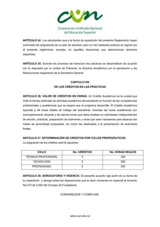 www.cun.edu.co
ARTÍCULO 24. Los estudiantes que a la fecha de expedición del presente Reglamento hayan
culminado las asignaturas de su plan de estudios, pero no han realizado práctica se regirán por
el presente reglamento, excepto, en aquellas situaciones que desconozcan derechos
adquiridos.
ARTÍCULO 25. Durante los procesos de transición las prácticas se desarrollaran de acuerdo
con lo dispuesto por la unidad de Prácticas, la directiva Académica con la aprobación y las
Resoluciones respectivas de la Secretaria General.
CAPITULO VIII
DE LOS CRÉDITOS EN LAS PRÁCTICAS
ARTICULO 26. VALOR DE CRÉDITOS EN HORAS. Un Crédito Académico es la unidad que
mide el tiempo estimado de actividad académica del estudiante en función de las competencias
profesionales y académicas que se espera que el programa desarrolle. El Crédito Académico
equivale a 48 horas totales de trabajo del estudiante, incluidas las horas académicas con
acompañamiento docente y las demás horas que deba emplear en actividades independientes
de estudio, prácticas, preparación de exámenes u otras que sean necesarias para alcanzar las
metas de aprendizaje propuestas, sin incluir las destinadas a la presentación de exámenes
finales.
ARTICULO 27. DETERMINACIÓN DE CREDITOS POR CICLOS PROPEDÉUTICOS:
La asignación de los créditos será la siguiente:
CICLO No. CRÉDITOS No. HORAS REALES
TÉCNICO PROFESIONAL 3 300
TECNÓLOGO 2 200
PROFESIONAL 2 200
ARTÍCULO 28. DEROGATORIA Y VIGENCIA: El presente acuerdo rige partir de su fecha de
su expedición y deroga todas las disposiciones que le sean contrarias en especial el Acuerdo
No 010 de 2.005 del Consejo de Fundadores.
COMUNÍQUESE Y CÚMPLASE.
 