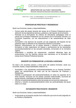 MINISTERIO DE CULTURA Y EDUCACIÓN
Dirección General de Educación Secundaria y Superior
Centro Cívico – 2º Piso – Tel. 02954-452600-int. 1271 (CP 6300) Santa Rosa - L.P. -
email: direccion.polimodal@mce.lapampa.gov.ar
3
2011 – Año del Trabajo Decente, la Salud y Seguridad de los Trabajadores”
PROFESOR DE PRÁCTICAS Y RESIDENCIAS
Serán sus funciones, tareas y responsabilidades:
- Formar parte del equipo docente del campo de la Práctica Profesional para la
definición de los dispositivos teóricos y prácticos y del trayecto de la formación.
- Participar en la formulación de criterios de articulación pedagógica entre el
campo de la Práctica Profesional con los campos de la Formación General y la
Formación Específica, con las adecuaciones a las características de cada
carrera.
- Acompañar a los alumnos de acuerdo con las exigencias del trayecto de las
prácticas según lo definido en los respectivos Diseños Curriculares.
- Elaborar conjuntamente con el equipo docente y directivo de la institución
formadora un plan organizativo de ingreso y permanencia de los estudiantes
practicantes/residentes en las escuelas asociadas, enmarcado en la normativa
vigente.
- Sistematizar y socializar las experiencias –mediante diferentes tipos de
producciones- con los distintos actores que intervienen en la formación del
campo de la Práctica Profesional docente.
DOCENTE CO-FORMADOR DE LA ESCUELA ASOCIADA
En base a los acuerdos previos y como parte del sistema formador, serán sus
funciones, tareas y responsabilidades colaborar en:
- Acompañar a los estudiantes practicantes/residentes en su trayecto formativo
según las características de cada una de las instancias de Prácticas y
Residencias.
- Habilitar la participación del practicante/residente en todos los aspectos de la
tarea docente: reuniones con los padres, jornadas institucionales, reuniones de
equipo docente, actividades de desarrollo profesional, entre otros.
- Informar al practicante/residente sobre las pautas de convivencia institucional.
- Informar y orientar al practicante/residente sobre las particularidades del grupo
clase a su cargo.
ESTUDIANTE PRACTICANTE / RESIDENTE
Serán sus funciones, tareas y responsabilidades:
- Involucrarse en el proyecto escolar de la institución que se le ha sido asignado en
su Práctica o Residencia.
 