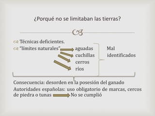 Técnicas deficientes.“límites naturales”             aguadas            Mal			cuchillas           identificados			cerros			ríos                 Consecuencia: desorden en la posesión del ganadoAutoridades españolas: uso obligatorio de marcas, cercos de piedra o tunas                 No se cumplió¿Porqué no se limitaban las tierras?