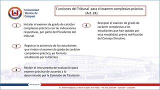 Funciones del Tribunal para el examen complexivo práctico.
(Art. 24)
Instalar el examen de grado de carácter
complexivo práctico con las indicaciones
respectivas, por parte del Presidente del
tribunal.
1
2
3
Registrar la asistencia de los estudiantes
que rinden el examen de grado de carácter
complexivo práctico, en formato
establecido por la Carrera
4
Receptar el examen de grado de
carácter complexivo a los
estudiantes que han optado por
esta modalidad, previa notificación
del Consejo Directivo.
Recibir el instrumento de evaluación para
examen práctico de acuerdo a lo
determinado por la Comisión de Titulación
 