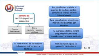 Art. 28
Semana 16
Del último período
académico
Los estudiantes rendirán el
examen de grado de carácter
complexivo teórico ante un
Tribunal Veedor
Para su evaluación se aplica un
instrumento diseñado con
reactivos
Noveno
Licenciaturas
Décimo
Ingenierías y Medicina
veterinaria
La evaluación teórica tendrá
preguntas con 100 ítems
seleccionados de forma aleatoria.
Tiempo máximo para su
ejecución de dos horas
La nota mínima de aprobación
del examen teórico será de
SIETE (7)
 