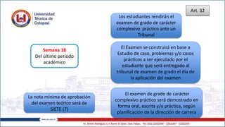 Semana 18
Del último período
académico
Los estudiantes rendirán el
examen de grado de carácter
complexivo práctico ante un
Tribunal
El Examen se construirá en base a
Estudio de caso, problemas y/o casos
prácticos a ser ejecutado por el
estudiante que será entregado al
tribunal de examen de grado el día de
la aplicación del examen
El examen de grado de carácter
complexivo práctico será demostrado en
forma oral, escrita y/o práctica, según
planificación de la dirección de carrera
La nota mínima de aprobación
del examen teórico será de
SIETE (7)
Art. 32
 