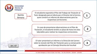 Quinta
Semana
El estudiante expondrá el Plan del Trabajo de Titulación al
Tutor designado para el efecto por el Director de la Carrera,
quien emitirá un informe de observaciones para las
respectivas correcciones.
En caso de presentarse observaciones en el Plan de
Titulación, el estudiante tendrá un plazo de hasta tres días
laborables para realizar las respectivas correcciones.
El tutor presentará un informe a la Dirección de Carrera
sobre la revisión del Plan de Titulación para su consecuente
aprobación por el Consejo Directivo de Facultad
1
2
3
Art. 47
 
