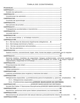 20
TABLA DE CONTENIDO
Preámbulo .................................................................................................1
CAPITULO I ...............................................................................................1
Ámbito de aplicación..............................................................................1
CAPITULO II ..............................................................................................1
Condiciones de admisión.......................................................................1
CAPITULO III .............................................................................................2
Contrato de aprendizaje ........................................................................2
CAPITULO IV .............................................................................................4
Del periodo de prueba ...........................................................................4
CAPITULO V ..............................................................................................5
Trabajadores accidentales o transitorios...............................................5
CAPITULO VI .............................................................................................5
Jornada laboral ......................................................................................5
CAPITULO VII ............................................................................................5
De las horas extras y el trabajo nocturno ............................................5
CAPITULO VIII ...........................................................................................6
8.1.- De los días de descanso legalmente obligatorios….6
8.2.- Del trabajo dominical y festivo.......................................................7
8.3.- De las vacaciones remuneradas ..................................................7
8.4.- De los permisos.............................................................................8
CAPITULO IX .............................................................................................8
Salario mínimo, convencional, lugar, días, horas de pagos y periodos que lo regulan
...............................................................................................................8
CAPITULO X ............................................................................................10
Servicio medico, medidas de seguridad, riesgos profesionales, primeros auxilios en
caso de accidentes de trabajo, normas sobre labores en orden a la mayor higiene,
regularidad y seguridad en el trabajo ..................................................10
CAPITULO XI ...........................................................................................11
Prescripciones de orden ......................................................................11
CAPITULO XII ..........................................................................................11
Orden jerárquico ..................................................................................11
CAPITULO XIII .........................................................................................12
Labores prohibidas para mujeres y menores de edad ........................12
CAPITULO XIV ........................................................................................13
Obligaciones especiales y prohibiciones para el empleador y para los empleados 13
14.1.- Obligaciones especiales.......................................................13
14.2.- Prohibiciones especiales¡ERROR! MARCADOR NO DEFINIDO.
CAPITULO XV ............................. ¡ERROR! MARCADOR NO DEFINIDO.
Escala De Faltas Y Sanciones Disciplinarias¡ERROR! MARCADOR NO DEFINIDO.
CAPITULO XVI ........................................................................................16
Reclamos: personas ante quien deben presentarse y su tramitación 16
CAPITULO XVII .......................................................................................16
Mecanismos de prevención del abuso laboral y procedimiento interno de solución 16
CAPITULO XVIII ......................................................................................19
 