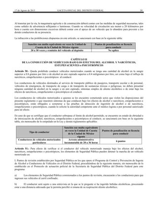 17 de Agosto de 2015 GACETA OFICIAL DEL DISTRITO FEDERAL 39
Al transitar por la vía, la maquinaria agrícola o de construcción deberá contar con las medidas de seguridad necesarias, tales
como señales de advertencia reflejantes o luminosas. Cuando su velocidad de circulación sea menor a 20 kilómetros por
hora o cuente con dimensiones excesivas deberá contar con el apoyo de un vehículo que lo abandere para prevenir a los
demás conductores de su presencia.
La infracción a las prohibiciones dispuestas en este artículo, se sancionará con base en la siguiente tabla:
Sanción con multa equivalente en veces la Unidad de
Cuenta de la Ciudad de México vigente
Puntos de penalización en licencia
para conducir
20 a 30 veces y remisión del vehículo al depósito No aplica
CAPÍTULO II
DE LA CONDUCCIÓN DE VEHÍCULOS BAJO LOS EFECTOS DEL ALCOHOL Y NARCÓTICOS,
ESTUPEFACIENTES o PSICOTRÓPICOS
Artículo 50.- Queda prohibido conducir vehículos motorizados cuando se tenga una cantidad de alcohol en la sangre
superior a 0.8 gramos por litro o de alcohol en aire espirado superior a 0.4 miligramos por litro, así como bajo el influjo de
narcóticos, estupefacientes o psicotrópicos al conducir.
Los conductores de vehículos destinados al servicio de transporte público de pasajeros, transporte escolar o de personal,
vehículos de emergencia, de transporte de carga o de transporte de sustancias tóxicas o peligrosas, no deben presentar
ninguna cantidad de alcohol en la sangre o en aire espirado, síntomas simples de aliento alcohólico o de estar bajo los
efectos de narcóticos, estupefacientes o psicotrópicos al conducir.
Los conductores de vehículos motorizados a quienes se les encuentre cometiendo actos que violen las disposiciones del
presente reglamento o que muestren síntomas de que conducen bajo los efectos de alcohol o narcóticos, estupefacientes o
psicotrópicos, están obligados a someterse a las pruebas de detección de ingestión de alcohol o de narcóticos,
estupefacientes o psicotrópicos, cuando lo solicite la autoridad competente ante el médico legista o por personal autorizado
para tal efecto.
En caso de que se certifique que el conductor sobrepase el límite de alcohol permitido, se encuentre en estado de ebriedad o
de intoxicación de alcohol, narcóticos, estupefacientes o psicotrópicos al conducir, se sancionará con base en la siguiente
tabla, sin menoscabo de lo estipulado en la Ley y demás reglamentos aplicables:
Tipo de conductor
Sanción con multa equivalente
en veces la Unidad de Cuenta
de la Ciudad de México
vigente
Puntos de penalización en licencia
para conducir
Conductores de vehículos motorizados
particulares
Arresto administrativo
inconmutable de 20 a 36 horas
6 puntos
Artículo 51.- Para efecto de verificar si el conductor del vehículo motorizado maneja bajo los efectos del alcohol,
narcóticos, estupefacientes o psicotrópicos, los elementos de Seguridad Pública pueden detener la marcha de un vehículo
motorizado en:
I. Puntos de revisión establecidos por Seguridad Pública en los que opere el Programa de Control y Prevención de Ingesta
de Alcohol a Conductores de Vehículos en el Distrito Federal, procediéndose de la siguiente manera, sin menoscabo de lo
establecido en el Protocolo de actuación policial de la Secretaría de Seguridad Pública del Distrito Federal para este
programa:
a) Los elementos de Seguridad Pública comisionados a los puntos de revisión, encauzarán a los conductores para que
ingresen sus vehículos al carril confinado;
b) El conductor será sujeto a una entrevista en la que se le pregunte si ha ingerido bebidas alcohólicas, procurando
estar a una distancia adecuada que le permita percibir si emana de su respiración aliento alcohólico;
 