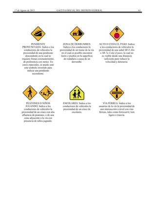 17 de Agosto de 2015 GACETA OFICIAL DEL DISTRITO FEDERAL 61
PENDIENTE
PRONUNCIADA: Indica a los
conductores de vehículos la
proximidad de una pendiente
descendente en la cual se
requiere frenar constantemente,
de preferencia con motor. En
casos especiales, se puede usar
este símbolo invertido para
indicar una pendiente
ascendente.
ZONA DE DERRUMBES:
Indica a los conductores la
proximidad de un tramo de la vía
en el cual es posible encontrar
tierra o piedras en la superficie
de rodadura a causa de un
derrumbe.
ALTO O CEDA EL PASO: Indica
a los conductores de vehículos la
proximidad de una señal SR-6 Alto
o SR-7a Ceda el paso, la cual no
es visible desde una distancia
suficiente para reducir la
velocidad y detenerse.
PEATONES O NIÑOS
JUGANDO: Indica a los
conductores de vehículos la
proximidad de un cruce con alta
afluencia de peatones, o de una
zona adyacente a la vía con
presencia de niños jugando.
ESCOLARES: Indica a los
conductores de vehículos la
proximidad de un cruce de
escolares.
VÍA FÉRREA: Indica a los
usuarios de la vía la proximidad de
una intersección a nivel con vías
férreas, tales como ferrocarril, tren
ligero o tranvía.
 