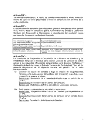 77
Artículo 312º.-
Se considera reincidencia, al hecho de cometer nuevamente la misma infracción
dentro del lapso de doce (12) meses y debe ser sancionada con el doble de la
multa establecida.
Artículo 313º.-
La acumulación de sanciones por infracciones graves o muy graves en un período
de 12 meses, debe ser sancionada por la Autoridad que ha emitido la Licencia de
Conducir con Suspensión o Cancelación e Inhabilitación del conductor, según
corresponda, de acuerdo con la siguiente escala:
Tres infracciones muy graves Suspensión de tres (3) meses
Seis infracciones graves o muy graves
incluyendo las tres anteriores.
Suspensión de seis (6) meses
Nueve infracciones graves o muy graves
incluyendo las seis anteriores.
Suspensión de nueve (9) meses
Doce infracciones graves o muy graves
incluyendo las ocho anteriores.
Cancelación de la Licencia de Conducir e Inhabilitación del
conductor por cinco años para obtener una nueva Licencia de
Conducir.
Artículo 314º.-
Las sanciones de Suspensión ó Cancelación de la Licencia de Conducir, y de
Inhabilitación temporal ó definitiva para obtener Licencia de Conducir se deben
aplicar a las siguientes infracciones comprendidas en la Sección: Tipificación y
Calificación de las Infracciones al Tránsito Terrestre del Capítulo I del Título VII del
presente Reglamento de la siguiente manera, sin perjuicio de la multa
correspondiente:
C.1 Conducir en estado de ebriedad o bajo los efectos de estupefacientes,
narcóticos y/o alucinógenos, comprobado con el examen respectivo, o por
presunción al negarse al mismo:
Primera vez: Suspensión de la Licencia de Conducir por un periodo de un
(1) año;
Segunda Vez: Cancelación de la Licencia de Conducir;
Tercera vez: Inhabilitación definitiva para obtener Licencia de Conducir.
D.4 Participar en competencias de velocidad no autorizadas:
Primera vez: Suspensión de la Licencia de Conducir por un periodo de un
(1) año.
Segunda Vez: Suspensión de la Licencia de Conducir por un periodo de dos
(2) años.
Tercera vez: Cancelación de la Licencia de Conducir.
 