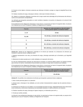 VI. Circular sin tirar objetos o derramar sustancias que obstruyan el tránsito o pongan en riesgo la integridad física de las
personas;
VII. Realizar maniobras de carga y descarga sin afectar o interrumpir el tránsito vehicular; y
VIII. Abalizar con elementos reflejantes el perímetro de la carga cuando ésta sobresalga de las dimensiones del vehículo y
cuente con la autorización correspondiente.
Los vehículos que transporten perecederos no serán remitidos al depósito, de acuerdo a lo dispuesto en el artículo 46 del
presente Reglamento.
El incumplimiento de las obligaciones dispuestas en este artículo, se sancionará con base en la siguiente tabla, sin perjuicio
de lo dispuesto por la Ley de Transporte y Vialidad y el Reglamento de Transporte:
Fracción
Sanción con multa equivalente en días del salario
mínimo general vigente en el Distrito Federal
I, II, IV 10 días
VI y VIII
40 a 60 días y remisión del vehículo al depósito
V 60 a 80 días y remisión del vehículo al depósito
VII 80 a 130 días y remisión del vehículo al depósito
III 500 a 600 días y remisión del vehículo al depósito
Artículo 26.- Además de las obligaciones contenidas en el artículo que antecede, los conductores de vehículos que
transporten sustancias tóxicas o peligrosas deben:
I. Sujetarse estrictamente a las rutas y los itinerarios de carga y descarga autorizados por la Secretaría y por Seguridad
Pública; y
II. Abstenerse de realizar paradas que no estén señaladas en la operación del servicio.
En caso de congestionamiento vehicular que interrumpa la circulación, el conductor deberá solicitar a los agentes prioridad
para continuar su marcha, mostrándoles la documentación que ampare el riesgo sobre el producto que transporta.
El incumplimiento de las obligaciones dispuestas en este artículo, se sancionará con base en la siguiente tabla, sin perjuicio
de lo dispuesto por la Ley de Transporte y Vialidad y el Reglamento de Transporte:
Fracción
Sanción con multa equivalente en días del salario
mínimo general vigente en el Distrito Federal
I y II 40 a 60 días
Artículo 27.- Se prohíbe a los conductores de vehículos que transporten sustancias tóxicas o peligrosas:
I. Llevar a bordo personas ajenas a su operación;
II. Arrojar al piso o descargar en las vialidades, así como ventear innecesariamente cualquier tipo de sustancias tóxicas o
peligrosas;
III. Estacionar los vehículos en la vía pública o en la proximidad de fuente de riesgo, independientemente de la observancia
de las condiciones y restricciones impuestas por las autoridades federales en materia ambiental y de transporte;
IV. Realizar maniobras de carga y descarga en lugares inseguros y no destinados para tal fin; y
V. Circular por carriles centrales.
La infracción a las prohibiciones dispuestas en este artículo, se sancionará con base en la siguiente tabla, sin perjuicio de lo
dispuesto por la Ley de Transporte y Vialidad y el Reglamento de Transporte:
 