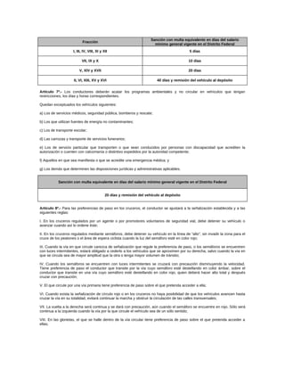 Fracción
Sanción con multa equivalente en días del salario
mínimo general vigente en el Distrito Federal
I, III, IV, VIII, XI y XII 5 días
VII, IX y X 10 días
V, XIV y XVII 20 días
II, VI, XIII, XV y XVI 40 días y remisión del vehículo al depósito
Artículo 7º.- Los conductores deberán acatar los programas ambientales y no circular en vehículos que tengan
restricciones, los días y horas correspondientes.
Quedan exceptuados los vehículos siguientes:
a) Los de servicios médicos, seguridad pública, bomberos y rescate;
b) Los que utilizan fuentes de energía no contaminantes;
c) Los de transporte escolar;
d) Las carrozas y transporte de servicios funerarios;
e) Los de servicio particular que transporten o que sean conducidos por personas con discapacidad que acrediten la
autorización o cuenten con calcomanía o distintivo expedidos por la autoridad competente;
f) Aquellos en que sea manifiesta o que se acredite una emergencia médica; y
g) Los demás que determinen las disposiciones jurídicas y administrativas aplicables.
Sanción con multa equivalente en días del salario mínimo general vigente en el Distrito Federal
20 días y remisión del vehículo al depósito
Artículo 8º.- Para las preferencias de paso en los cruceros, el conductor se ajustará a la señalización establecida y a las
siguientes reglas:
I. En los cruceros regulados por un agente o por promotores voluntarios de seguridad vial, debe detener su vehículo o
avanzar cuando así lo ordene éste;
II. En los cruceros regulados mediante semáforos, debe detener su vehículo en la línea de “alto”, sin invadir la zona para el
cruce de los peatones o el área de espera ciclista cuando la luz del semáforo esté en color rojo;
III. Cuando la vía en que circule carezca de señalización que regule la preferencia de paso, o los semáforos se encuentren
con luces intermitentes, estará obligado a cederlo a los vehículos que se aproximen por su derecha, salvo cuando la vía en
que se circula sea de mayor amplitud que la otra o tenga mayor volumen de tránsito;
IV. Cuando los semáforos se encuentren con luces intermitentes se cruzará con precaución disminuyendo la velocidad.
Tiene preferencia de paso el conductor que transite por la vía cuyo semáforo esté destellando en color ámbar, sobre el
conductor que transite en una vía cuyo semáforo esté destellando en color rojo, quien deberá hacer alto total y después
cruzar con precaución;
V. El que circule por una vía primaria tiene preferencia de paso sobre el que pretenda acceder a ella;
VI. Cuando exista la señalización de círculo rojo o en los cruceros no haya posibilidad de que los vehículos avancen hasta
cruzar la vía en su totalidad, evitará continuar la marcha y obstruir la circulación de las calles transversales;
VII. La vuelta a la derecha será continua y se dará con precaución, aún cuando el semáforo se encuentre en rojo. Sólo será
continua a la izquierda cuando la vía por la que circule el vehículo sea de un sólo sentido;
VIII. En las glorietas, el que se halle dentro de la vía circular tiene preferencia de paso sobre el que pretenda acceder a
ellas;
 