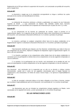 Reglamentos de la FEA que motiven la suspensión del encuentro, será sancionado con pérdida del encuentro
para el equipo local.

Artículo 80º

        La Asociación o equipo que en la competición correspondiente se niegue a satisfacer las cuotas
derivadas de los eventos será descalificada de la misma.

Artículo 81º

       La celebración de encuentros amistosos u oficiales y publicitados con auspicio de esta Federación
Española de Airsoft , y cuya autorización no hubiese sido solicitada cuando fuese necesario
reglamentariamente, será sancionada con la expulsión de la federación por un plazo de entre 3 y 5 años.

Artículo 82º

        La no comunicación de los horarios de celebración de eventos, según lo previsto en la
reglamentación vigente, en el supuesto de que esta infracción trajera como consecuencia la no celebración
del encuentro, será sancionada la Asociación anfitriona de 3 a 5 eventos o jornadas sin participar.

Artículo 83º

      La renuncia a participar en cualquier competición oficial, fuera de los plazos establecidos en la
Reglamentación vigente se sancionará la Asociación infractora de 4 a 10 eventos o jornadas sin participar.

Artículo 84º

        Toda Asociación clasificada para disputar una Fase Nacional, considerándose que todas la fases de
una competición son una misma, implicará la obligación de disputarlas según la reglamentación vigente. En
base a ello será sancionada:

        1. La renuncia a participar en las competiciones arriba citadas fuera de los plazos establecidos se
sancionará con la no participación en dichas fases de las competiciones en las dos siguientes temporadas en
caso de clasificarse.

       2. La retirada o la no participación una vez inscrito, será sancionado con la pérdida del aval, así
como la no participación en dichas competiciones en las dos siguientes temporadas en caso de clasificarse.

Artículo 85º

Una Asociación será sancionada con la suspensión por un año en su derecho a celebrar eventos
internacionales, cuando uno o varios de sus jugadores seleccionados para el Equipo Nacional no
comparezcan a una convocatoria, sin motivo de causa o fuerza mayor, si se aprecia la responsabilidad de
dicho club

Artículo 86º

        La falta de veracidad o alteración dolosa en los datos reflejados en las fichas o licencias, siempre
que se probara responsabilidad por parte de la Asociación, será sancionada de 3 a 6 eventos sin participar.

Artículo 87º

        Las Asociaciones que una vez iniciadas las competiciones incluyan jugadores no filiados, serán
sancionadas con la expulsión del evento, y serán sancionadas de 4 a 10 eventos sin participar.

                                    DE LAS INFRACCIONES LEVES

Artículo 88º




Reglamento de Régimen Disciplinario de la Federación Española de Airsoft                    Página 17 de 29
 