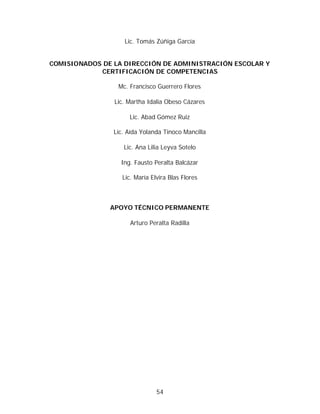 Lic. Tomás Zúñiga García


COMISIONADOS DE LA DIRECCIÓN DE ADMINISTRACIÓN ESCOLAR Y
            CERTIFICACIÓN DE COMPETENCIAS

                 Mc. Francisco Guerrero Flores

                Lic. Martha Idalia Obeso Cázares

                     Lic. Abad Gómez Ruiz

                Lic. Aída Yolanda Tinoco Mancilla

                   Lic. Ana Lilia Leyva Sotelo

                  Ing. Fausto Peralta Balcázar

                   Lic. María Elvira Blas Flores



               APOYO TÉCNICO PERMANENTE

                      Arturo Peralta Radilla




                                54
 
