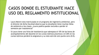 CASOS DONDE EL ESTUDIANTE HACE
USO DEL REGLAMENTO INSTITUCIONAL
 Laura Mestre esta matriculada en el programa de ingeniería ambiental, pero
el director de dicha facultad observa que la estudiante tiene muchas fallas
de asistencia a las clases. ¿Laura podría quedar excluida o perder el
semestre por inasistencia?
 Si Laura tiene una ficha de inasistencia que sobrepasa el 10% de las horas de
acompañamiento del docente en los cursos teóricos practicos o el 20% en los
cursos teóricos perderá la asignatura y su nota será de cero punto cero (0.0).
 